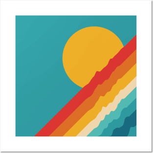 Retro Rainbow Sunset on Mid Blue Background Posters and Art